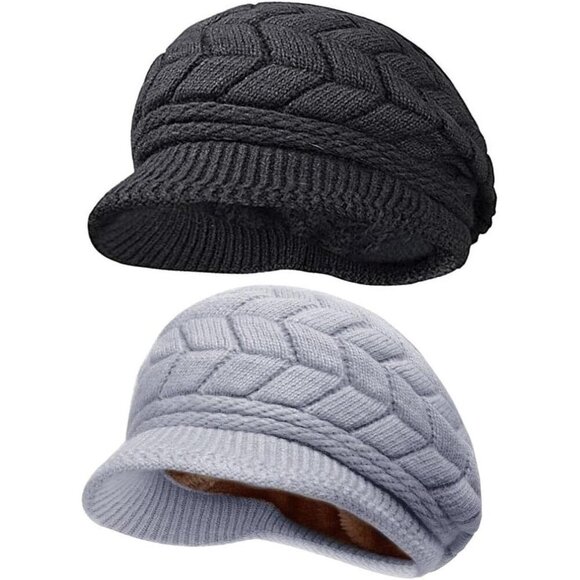 〽️Women’s _2hats(black+grey) Winter Warm Knit Wool Snow Ski Hat with Visor main image 6